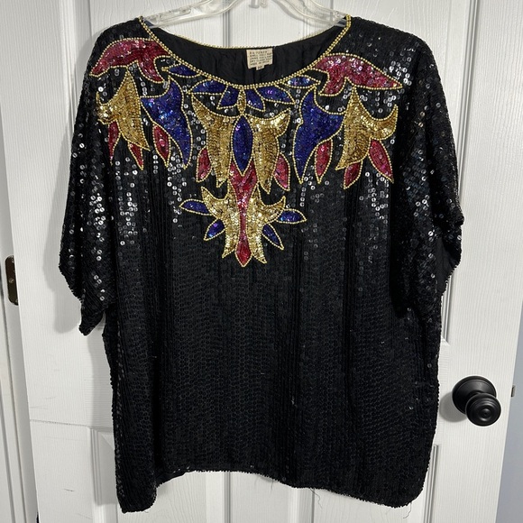 NEW International Fashions NY, Inc. vintage silk/sequin short sleeve top, sz 22 - Picture 1 of 13